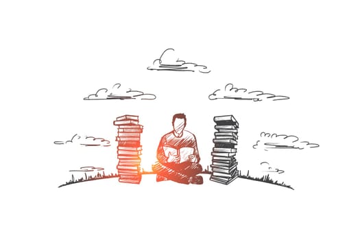 Reading time concept. Hand drawn concentrated man reading fond of literature. Male person sitting and read book isolated vector illustration.