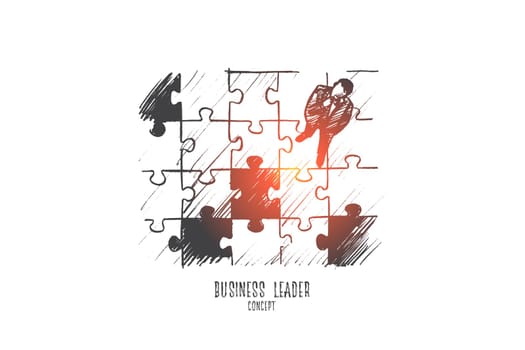 Business leader concept. Hand drawn man in suit thinking about right decision. Male person standing on mosaic isolated vector illustration.