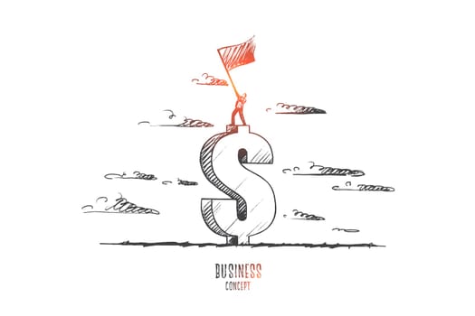 Business concept. Hand drawn man standing on sign of dollar with flag in his hands. before start of new business. Man waving a flag isolated vector illustration.