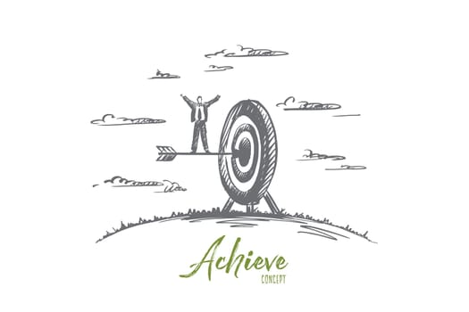 Achieve concept. Hand drawn arrow hitting in the target center of dartboard. Concept of achieving a goal, success businessman isolated vector illustration.