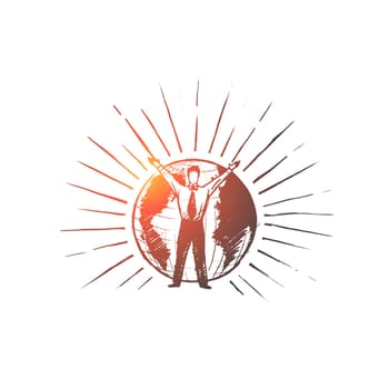 Global business concept. Hand drawn businessman holding hand up. Man in front of Earth isolated vector illustration.