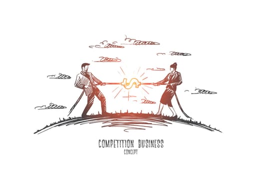 Competition business concept. Hand drawn two persons man and woman playing tug of war. Competition between two businessmen isolated vector illustration.