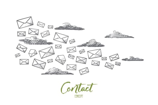 Contact concept. Hand drawn flying letters. A lot of letters as symbol of message isolated vector illustration.