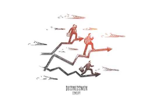 Businessmen concept. Hand drawn single-minded people moving ahead to goals. Success businessmen isolated vector illustration.