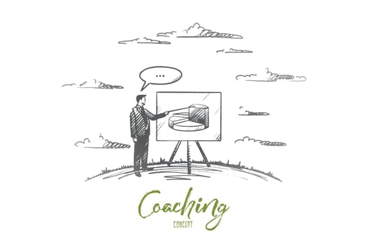 Coaching concept. Hand drawn man coach near board. Male person in suit with pointer coaching isolated vector illustration.