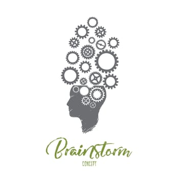 Brainstorm concept. Hand drawn thinking mechanism. Human head with gears inside isolated vector illustration.