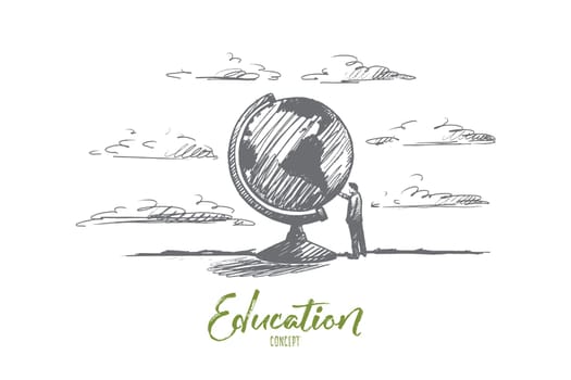 Education concept. Hand drawn man near world globe. Person near Earth symbol isolated vector illustration.