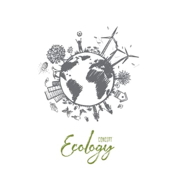 Ecology concept. Hand drawn sustainable ecological environment. Harmony living with nature isolated vector illustration.