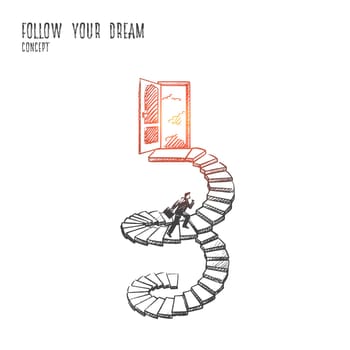 Follow your dream concept. Hand drawn man in suit climbs the stairs. Open door as a symbol of new life, dream come true isolated vector illustration.