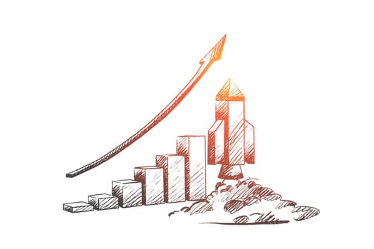 Start up concept. Hand drawn missile at launch. Rocket launch as a symbol of start up isolated vector illustration.