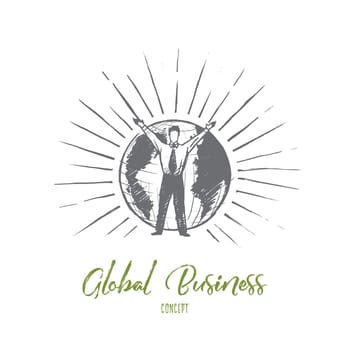 Global business concept. Hand drawn businessman holding hand up. Man in front of Earth isolated vector illustration.
