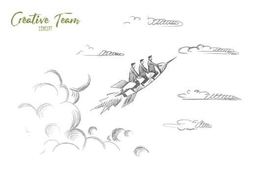 Creative team concept. Hand drawn people flying on rocket. Startup concept, creative team work isolated vector illustration.