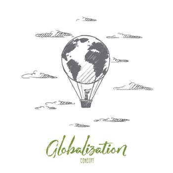 Globalization concept. Hand drawn flying balloon with man. Balloon in the form of the globe isolated vector illustration.