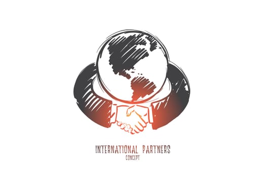 International partners concept. Hand drawn businessmen shaking hands. Hands around the globe isolated vector illustration.