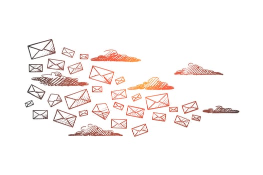 Contact concept. Hand drawn flying letters. A lot of letters as symbol of message isolated vector illustration.