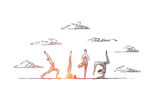 Yoga concept. Hand drawn yoga practice exercise class. People practicing yoga outdoors isolated vector illustration.
