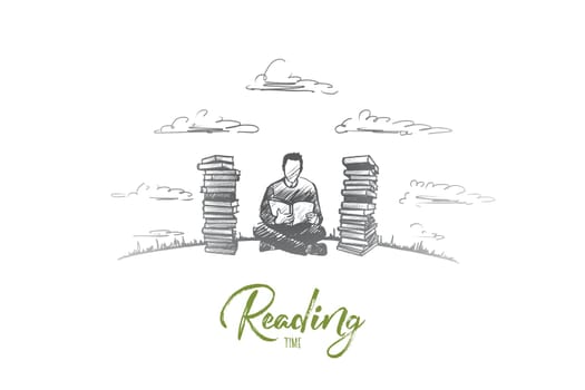 Reading time concept. Hand drawn concentrated man reading fond of literature. Male person sitting and read book isolated vector illustration.