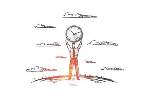 Time management concept. Hand drawn man holding big clock under his head. Businessman carrying about time and schedule isolated vector illustration.