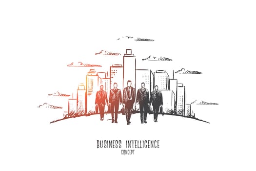 Business intelligence concept. Hand drawn male businessmen in suits going, modern buildings on background. Serious male persons isolated vector illustration.