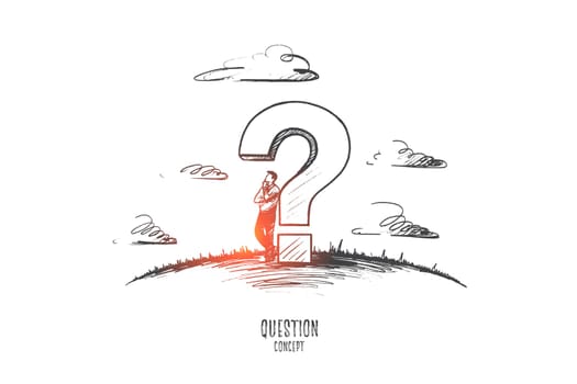 Question concept. Hand drawn man is lost in thought. Person near big sign question isolated vector illustration.