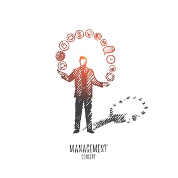 Management concept. Hand drawn team leader with a lot of tasks he should do. Male manager and his duties isolated vector illustration.