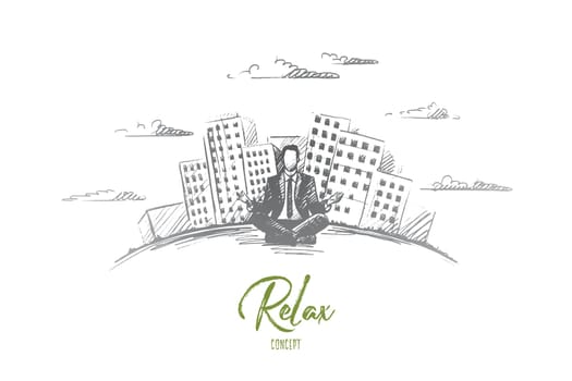 Relax concept. Hand drawn man sitting and relaxing, modern buildings on background. Businessman has a rest isolated vector illustration.