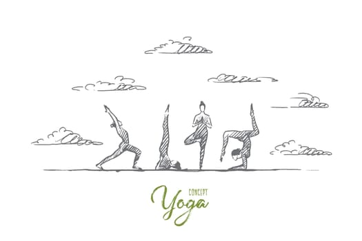 Yoga concept. Hand drawn yoga practice exercise class. People practicing yoga outdoors isolated vector illustration.