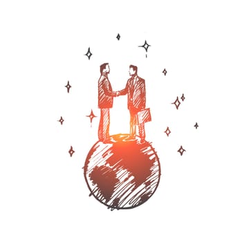 Global partners concept. Hand drawn businessmen shaking hands standing on Earth isolated vector illustration.