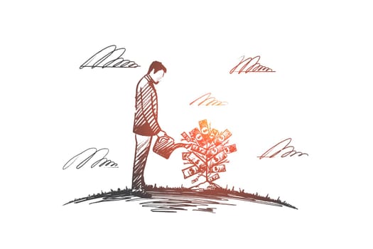 Money tree. Hand drawn growing money tree. A man watering money tree isolated vector illustration.