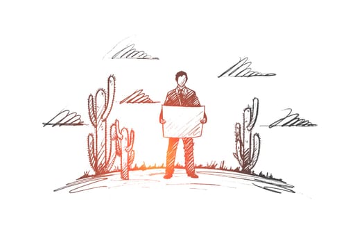 Navigation concept. Hand drawn traveler exploring map. Man with map in desert with cactuses isolated vector illustration.