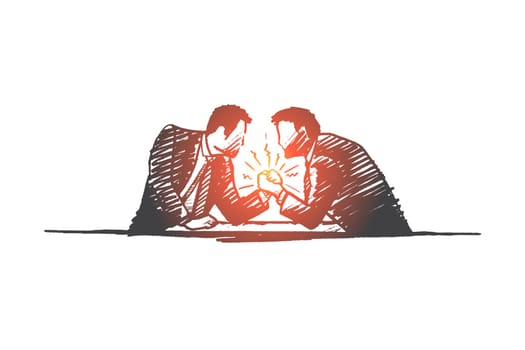 Opposition concept. Hand drawn two men compete. Persons conquering isolated vector illustration.