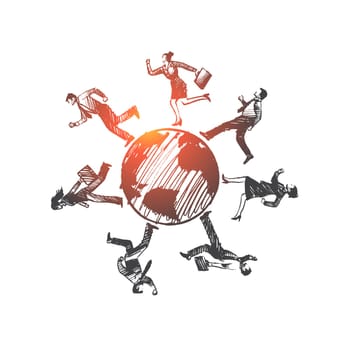 Internationl partners concept. Hand drawn businessmen all over the world. Business partners isolated vector illustration.