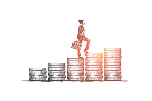 Financier concept. Hand drawn beautiful business woman. Female financier in formal suit isolated vector illustration.