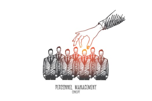 Social media concept. Hand drawn group of workers and hand of manager above them. Recruiter select employee isolated vector illustration.
