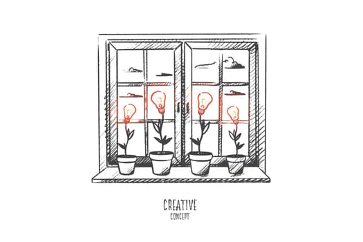 Creative concept. Hand drawn light bulbs as a symbol of growth of new idea. Burning bulbs like buds of flowers isolated vector illustration.