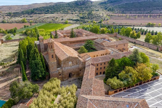 Aerial view of church in the Abbey Royal Monastery of Santa Maria de Veruela, Vera de Moncayo, Zaragoza, Aragon, Spain