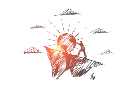Planet concept. Hand drawn symbol of planet and man pushing it up. confident male pilot. Human-environment interaction isolated vector illustration.