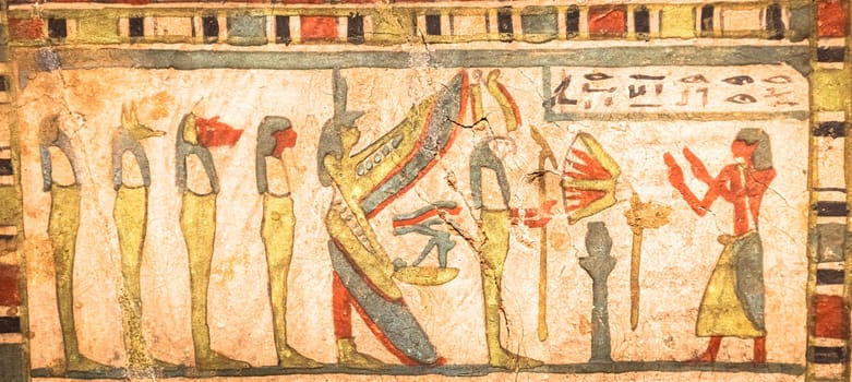 TURIN, ITALY - CIRCA MAY 2021: Egyptian archaeology. Ancient hieroglyphyc,  ca. 580 BC, with Isis and the four sons of Horus