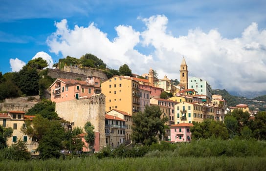 VENTIMIGLIA, ITALY - CIRCA AUGUST 2020: panarama of Ventimiglia old village in Liguria Region, sunny day with blue sky