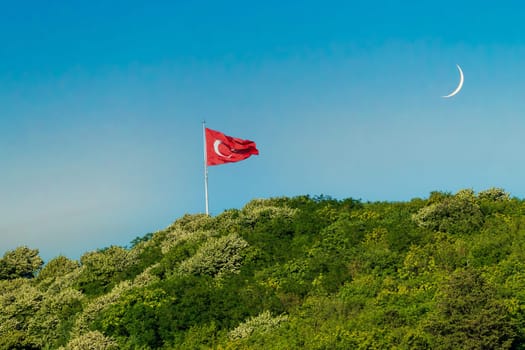 Turkish flag waving in blue sky