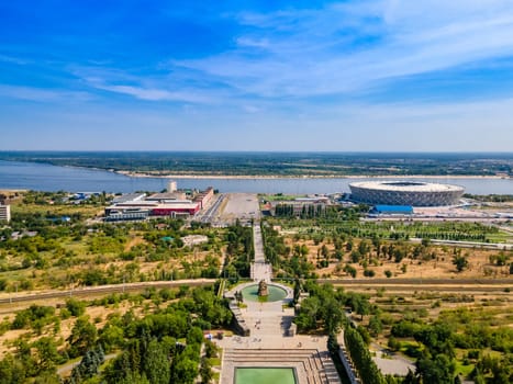 Volgograd, Russia. Aerial view of the statue "The Motherland calls"" after restoration on the top of The Mamaev Hill"
