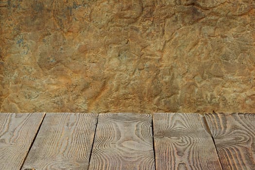The background is blank wooden boards and a textured plastered wall with lighting and vignetting. For product demonstrations, free space, layout, mockup, perspective board, background board.