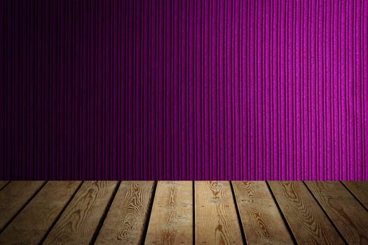 The background is blank wooden boards and a textured striped wall with gradient lighting and vignetting. For product demonstrations, free space, layout, mockup, perspective board, background board.