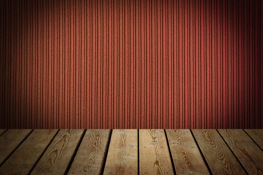 The background is blank wooden boards and a textured striped wall with gradient lighting and vignetting. For product demonstrations, free space, layout, mockup, perspective board, background board.