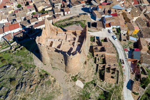 Jarque de Moncayo Castle, Gothic style located in the Zaragoza municipality of Spain and which is in serious danger of ruin. Aerial top view