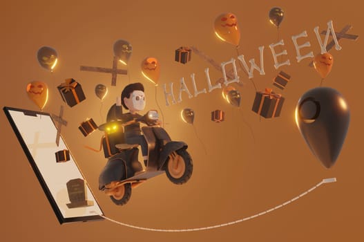 3d illustration. Halloween  background . give voucher, banner, poster or background, paper art and craft style, online shopping concept.