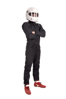 Racing driver posing with helmet isolated in white