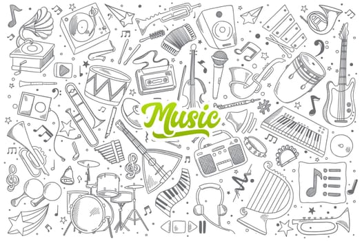 Hand drawn set of music doodles with green lettering in vector