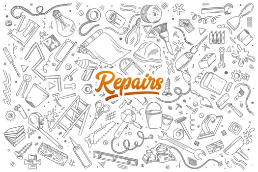 Hand drawn set of repairs instruments doodles with lettering in vector