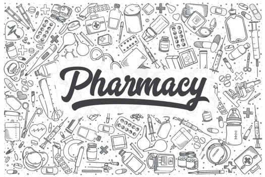 Hand drawn pharmacy doodle set. Lettering - Pharmacy